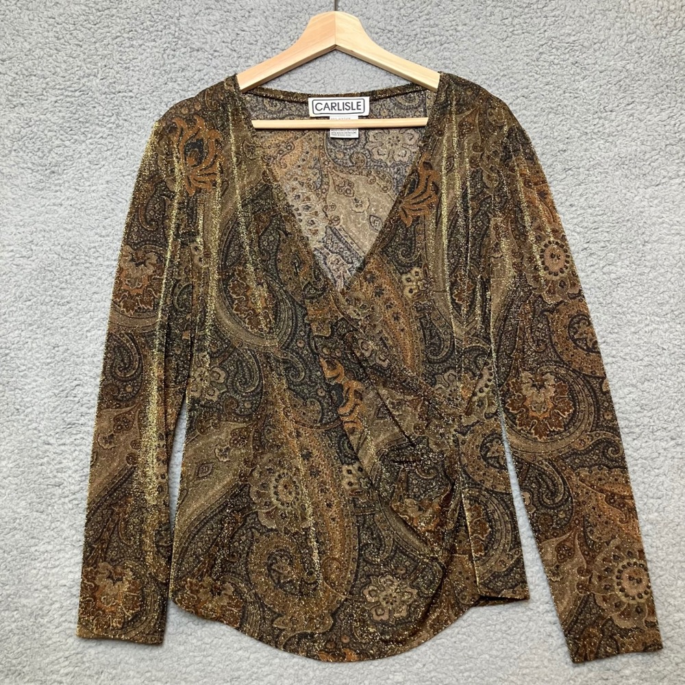 VTG Carlisle Wrap Top Women L Brown Metallic Fairy Whimsigoth Mob Wife 80s 90s - Picture 1 of 8